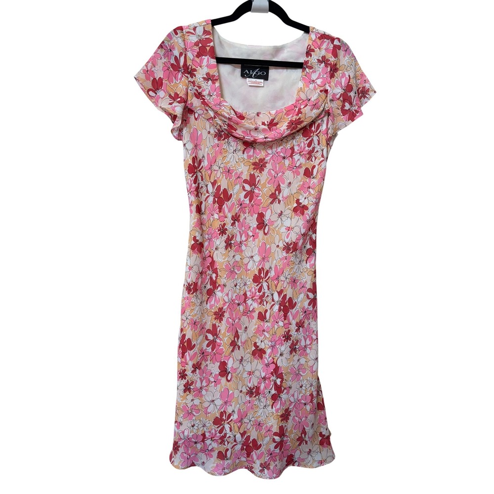 Vintage Algo Pink Floral Cowl Neck Sheath Dress Short Sleeve Made in Canada 8